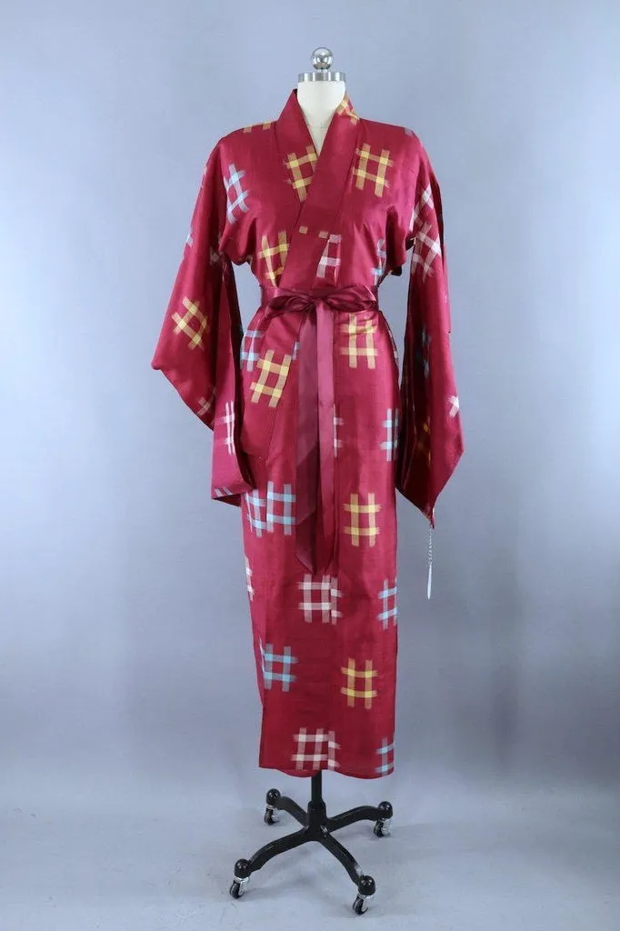 Vintage 1940s Silk Kimono Robe / Maroon Red and Blue Hashtag