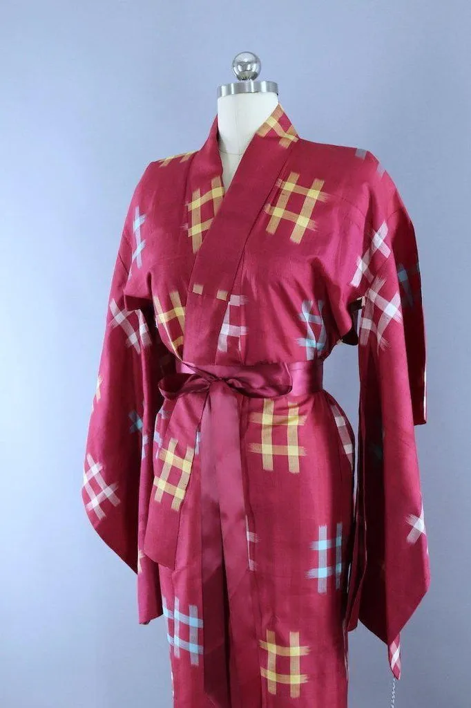 Vintage 1940s Silk Kimono Robe / Maroon Red and Blue Hashtag