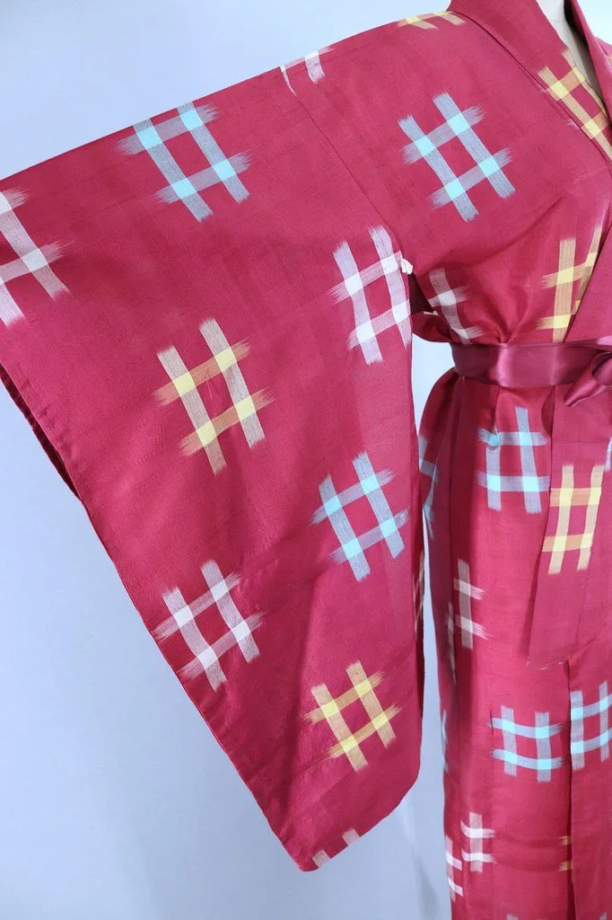 Vintage 1940s Silk Kimono Robe / Maroon Red and Blue Hashtag