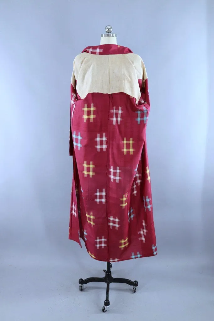 Vintage 1940s Silk Kimono Robe / Maroon Red and Blue Hashtag