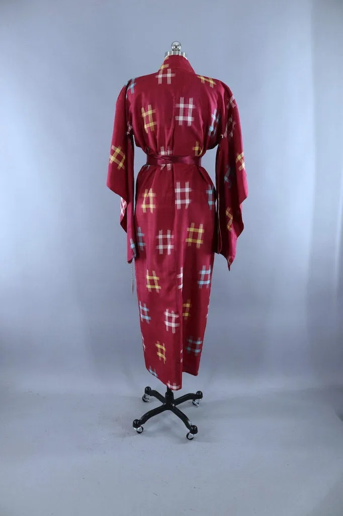 Vintage 1940s Silk Kimono Robe / Maroon Red and Blue Hashtag