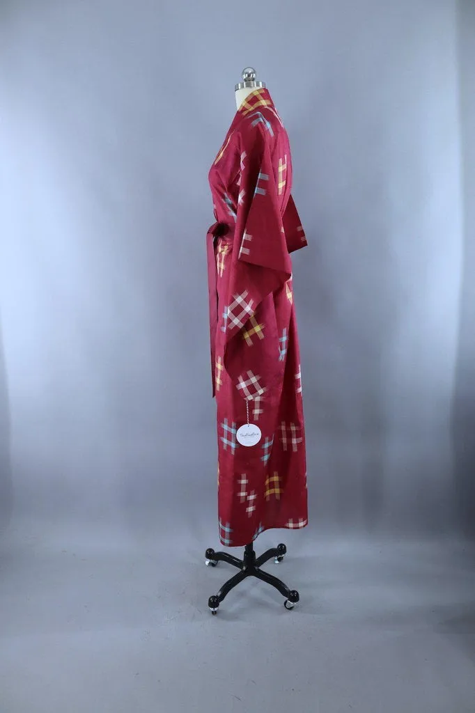 Vintage 1940s Silk Kimono Robe / Maroon Red and Blue Hashtag