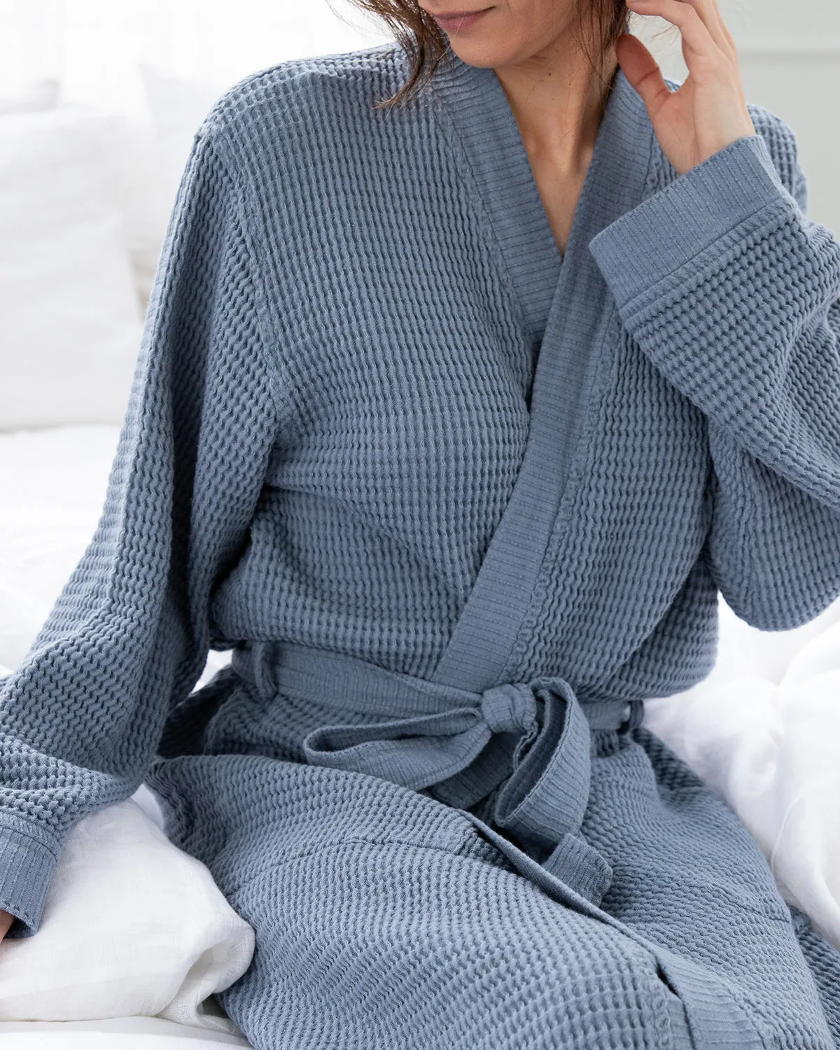 Washed Cotton/Bamboo Waffle Robe Sea Blue