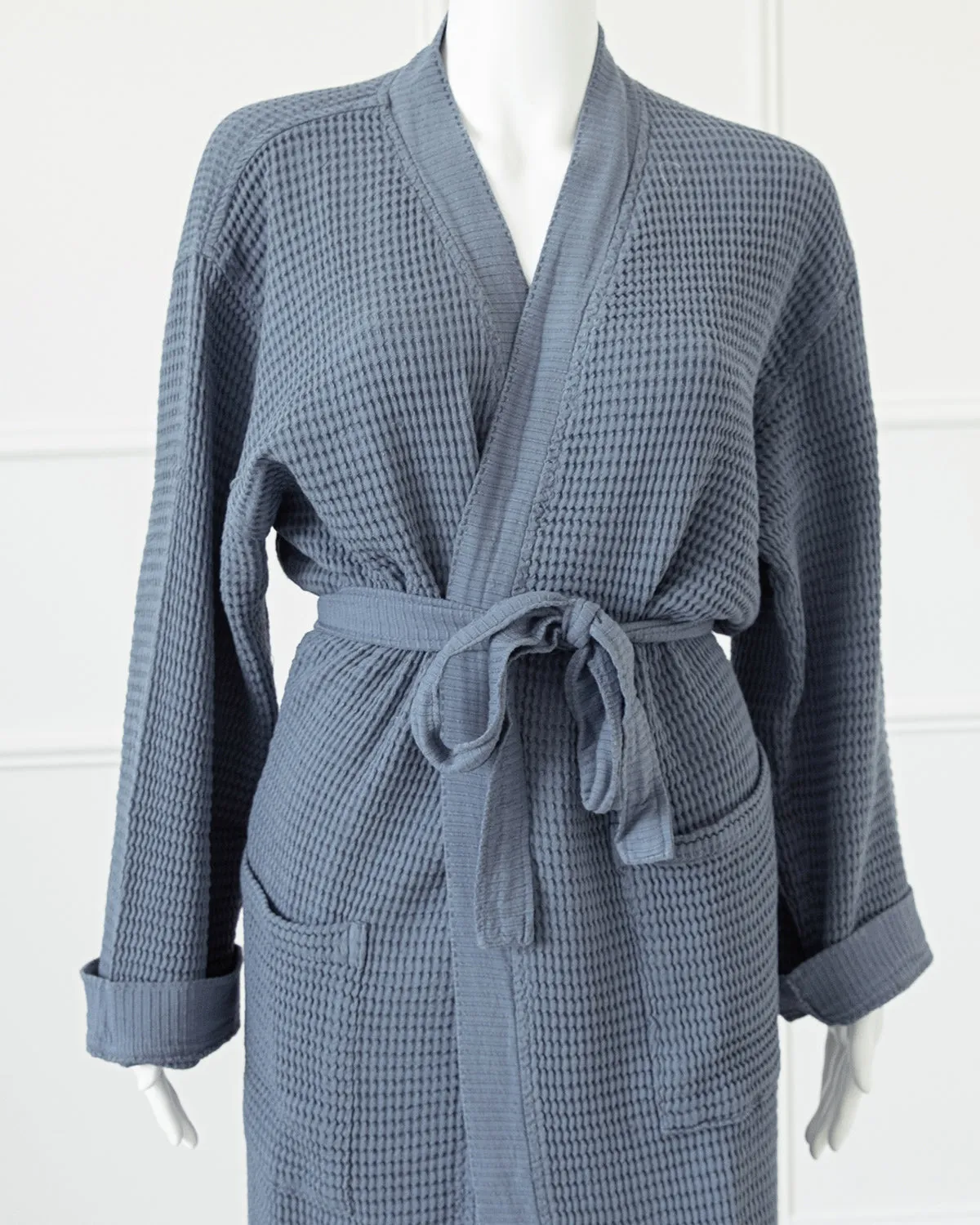 Washed Cotton/Bamboo Waffle Robe Sea Blue