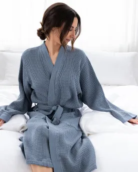 Washed Cotton/Bamboo Waffle Robe Sea Blue