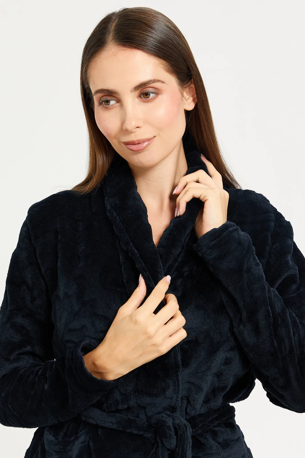 Women Black Jacquard Fur Robe With Drawstring Waist