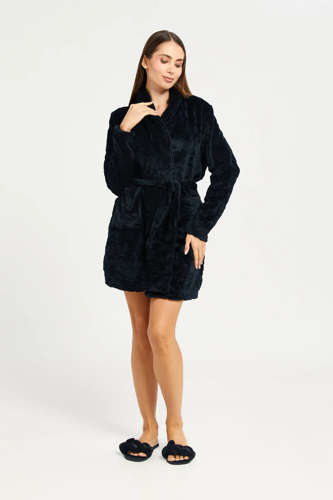 Women Black Jacquard Fur Robe With Drawstring Waist