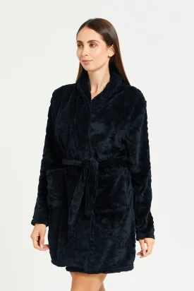 Women Black Jacquard Fur Robe With Drawstring Waist