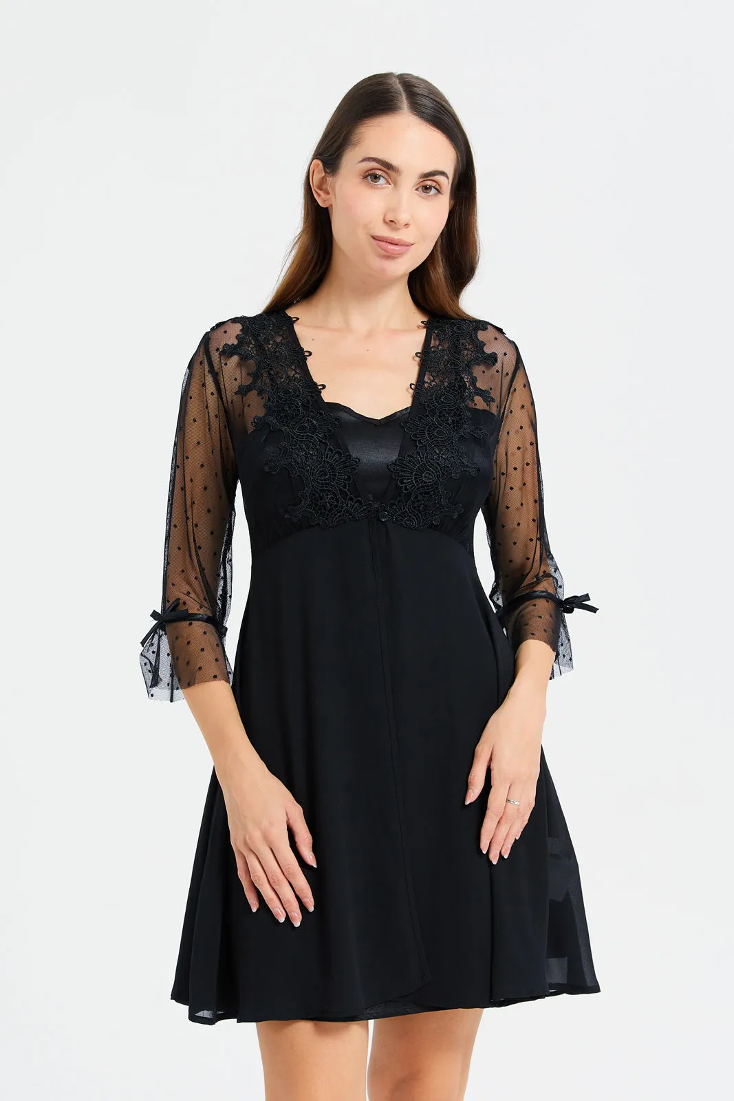 Women Black Mesh Chemise And Robe Set (2 Piece)