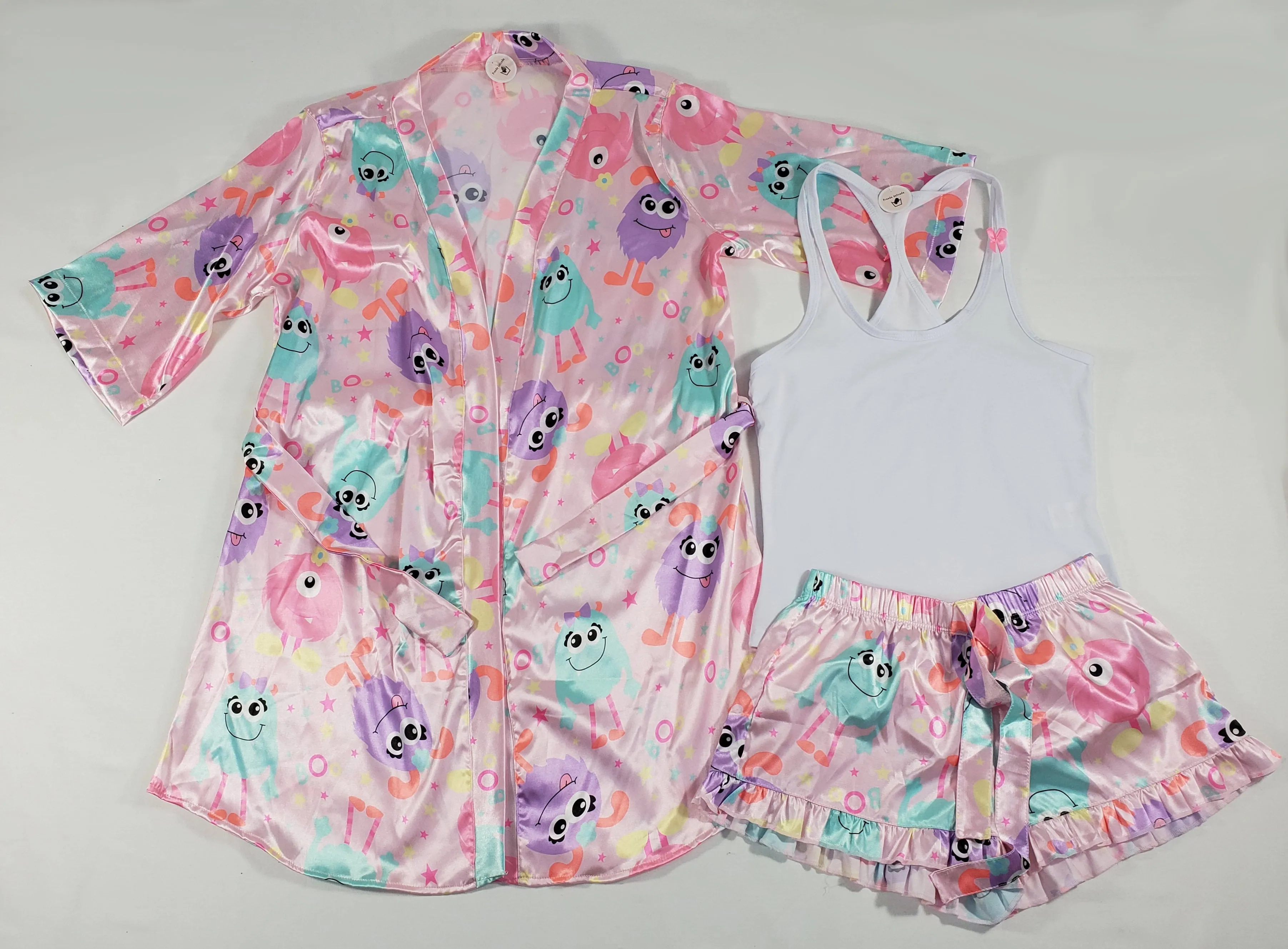 Women's 3-piece pink set satin robe and shorts cute monsters theme classic white blouse