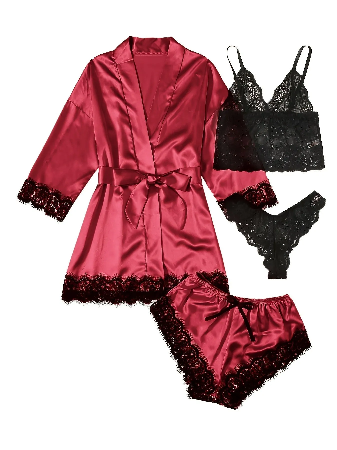 Women's 4 Pieces Comfortable Satin Floral Lace Cami Top Lingerie Pajama Set With Robe