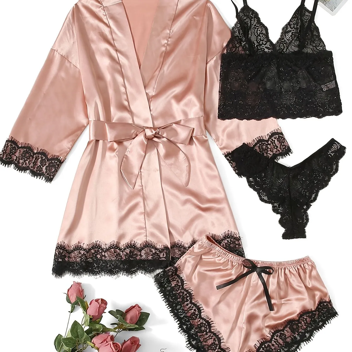 Women's 4 Pieces Comfortable Satin Floral Lace Cami Top Lingerie Pajama Set With Robe