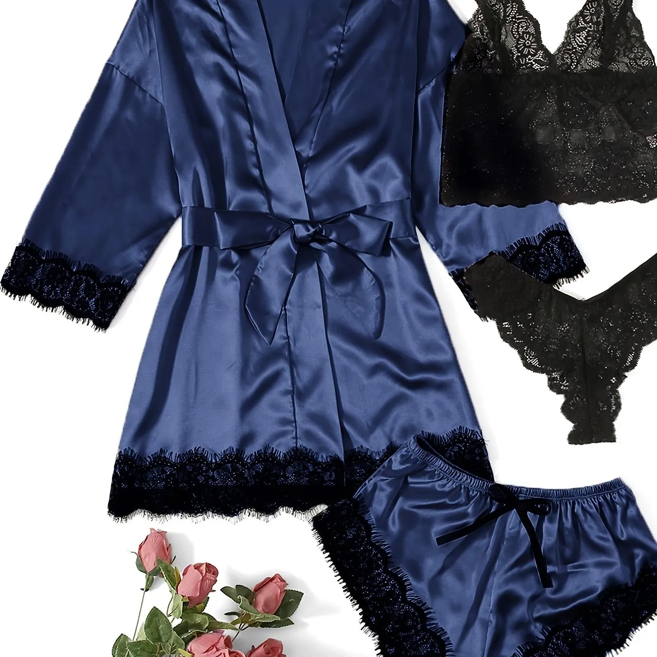 Women's 4 Pieces Comfortable Satin Floral Lace Cami Top Lingerie Pajama Set With Robe