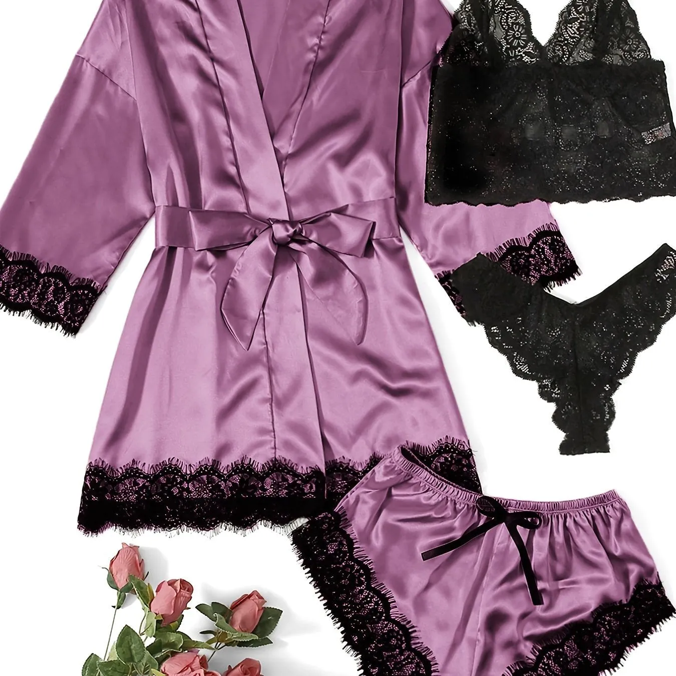 Women's 4 Pieces Comfortable Satin Floral Lace Cami Top Lingerie Pajama Set With Robe