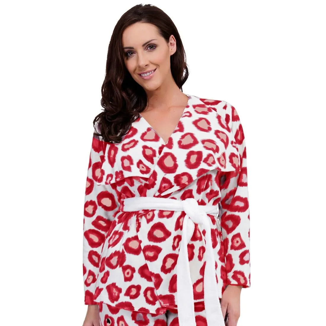 Womens Animal Print Polished Fleece Short Drape Bath Robe