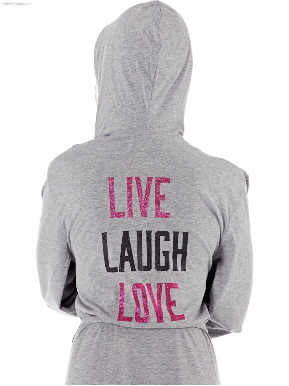 Women’s Jersey Hooded Robe Dressing Gowns with Live Laugh Love Print on Back