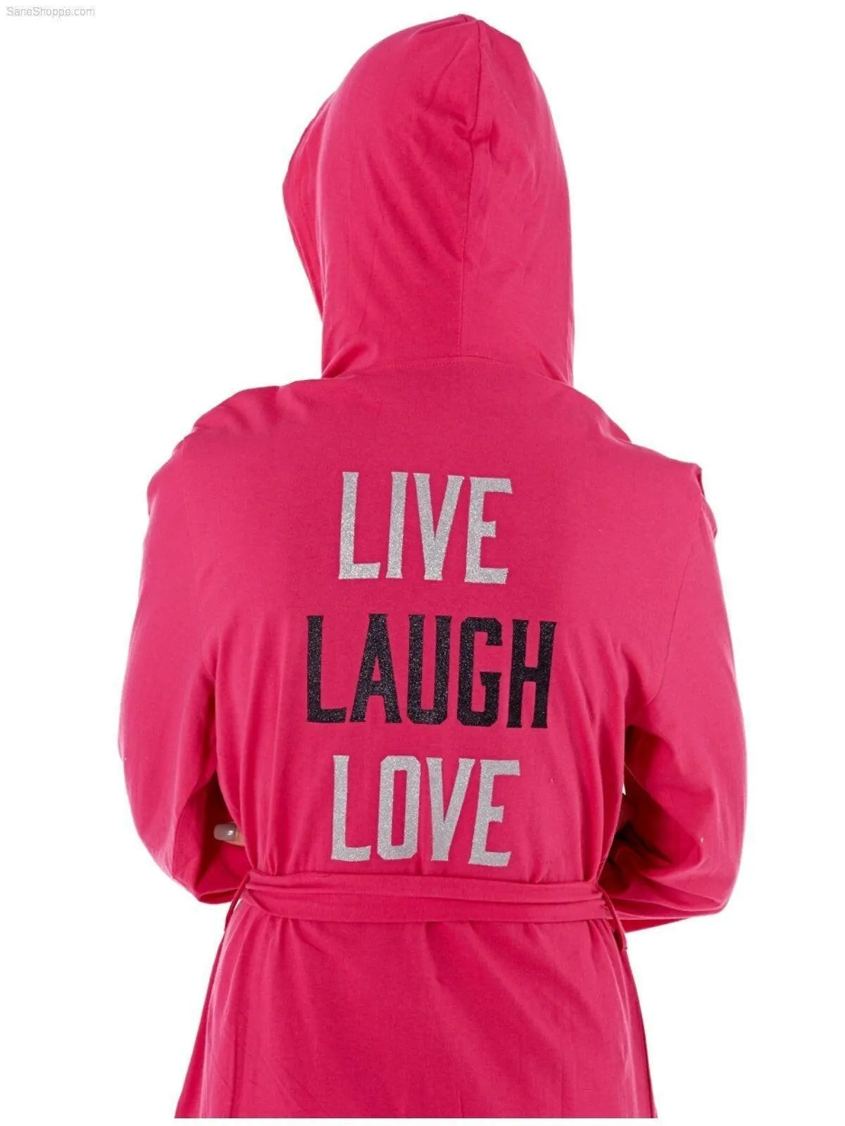 Women’s Jersey Hooded Robe Dressing Gowns with Live Laugh Love Print on Back