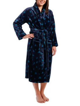 Women's Lush Butterfleece Spa/Bath Robe - Snow Leopard - Navy/Teal