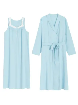 Women's Sleeveless Cotton Nightgown with Matching Long Robe Set